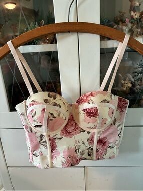 Kaylee Kollection sz M Floral Bustier Crop Top - Pink & Cream euc